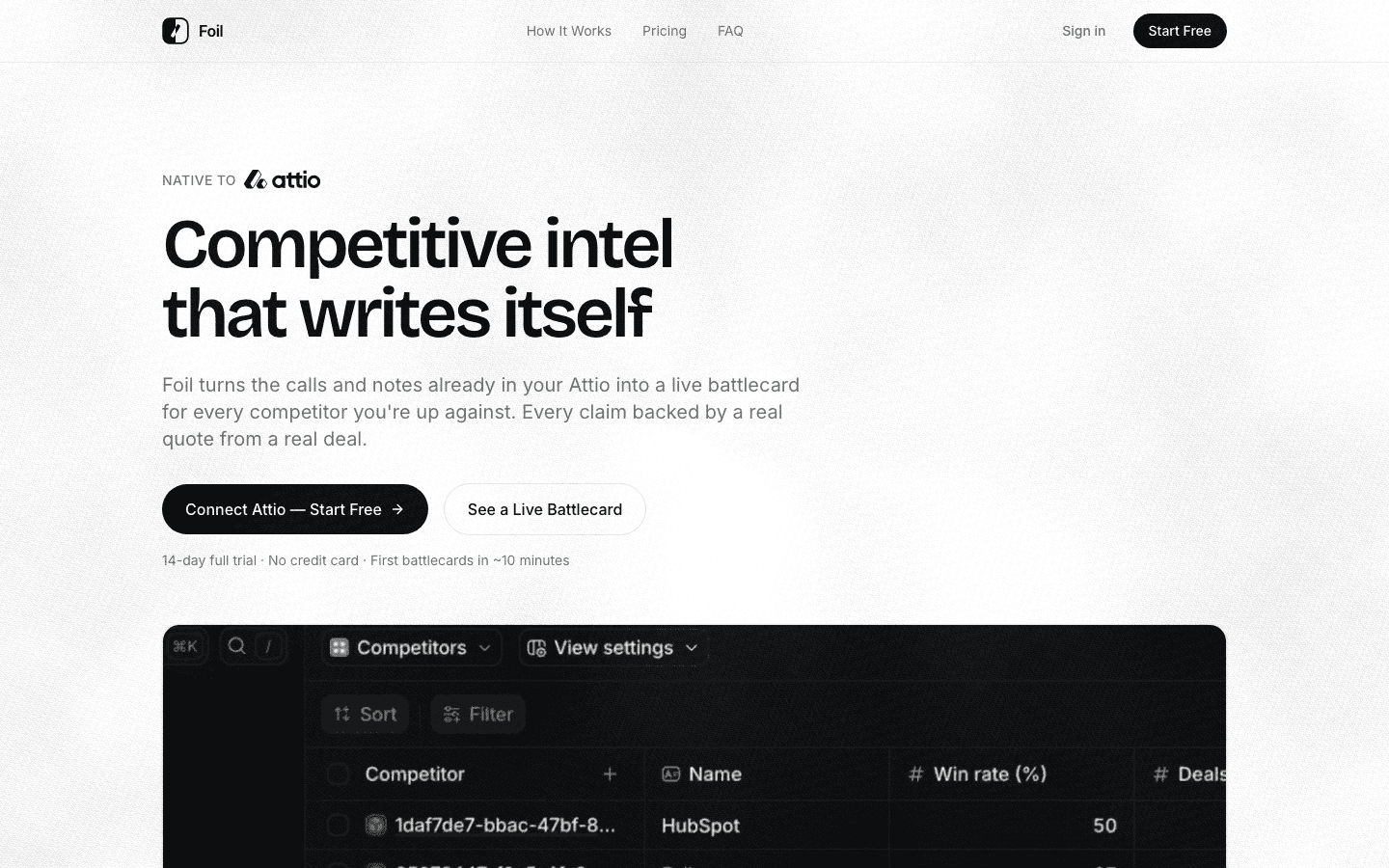 Foil homepage — competitive battlecards inside Attio